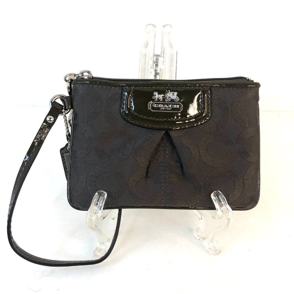 Coach Black Op Art Signature C Monogram Patent Leather Trim Wristlet